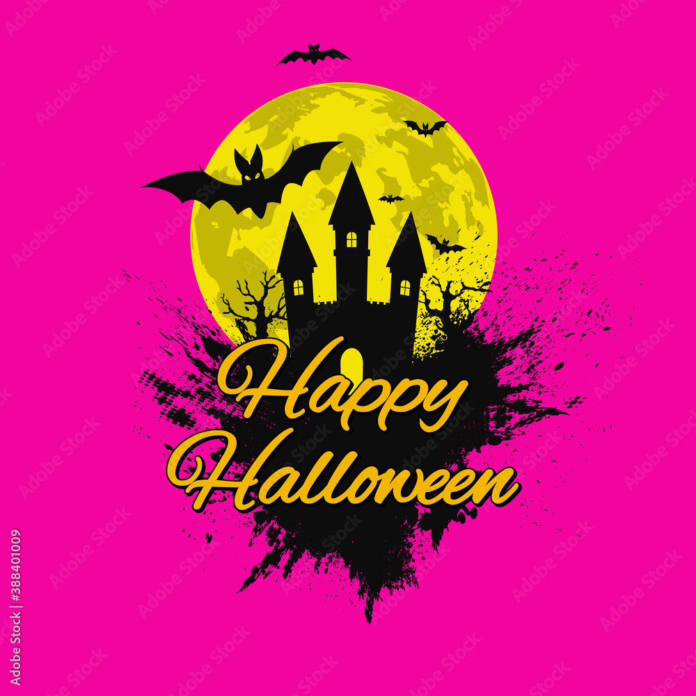 Halloween night background. Haunted house and full moon. Vector banner