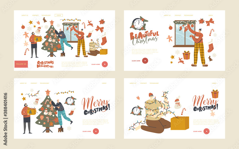 People Prepare to New Year or Xmas at Home Landing Page Template Set. Characters Decorate Christmas Tree and Window