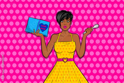 Beautiful black pop art girl surprised face hold cooking book and try cooking. Bright fashionable vector illustration of emotions. Cartoon black woman yellow dress pop art on pink halftone background.