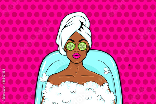 Beautiful black pop art girl lies in bath. Cartoon black woman in soapsuds bubble in the bath pop art on pink halftone background. On her eyes of pieces of cucumber mask.