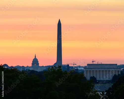 Candy Colored Sky at Sunrise Over the US Capitol, Washington Monument and Lincoln Memorial
