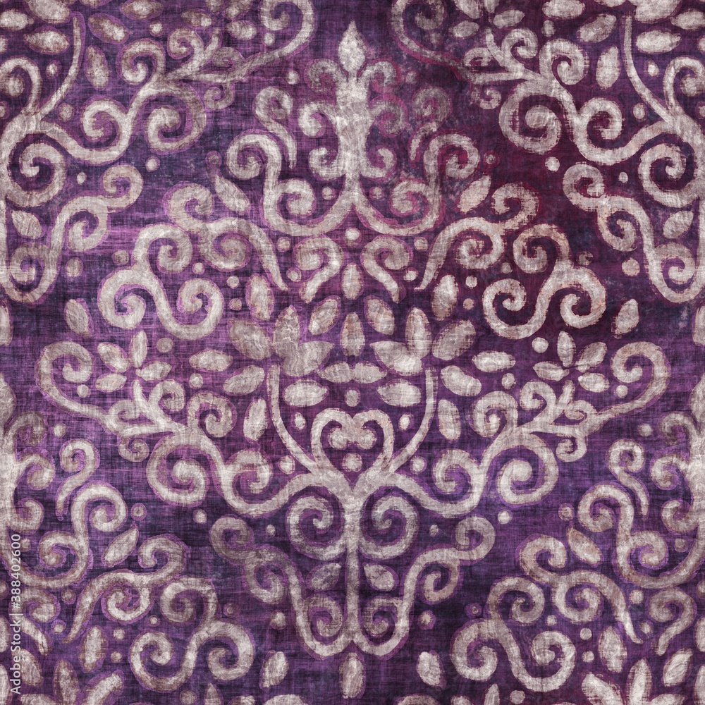 Luxury purple and tan damask seamless pattern. High quality illustration. Mysterious and luxurious grape and beige colored ornamental textured pattern swatch. Fancy and glamorous romantic design.