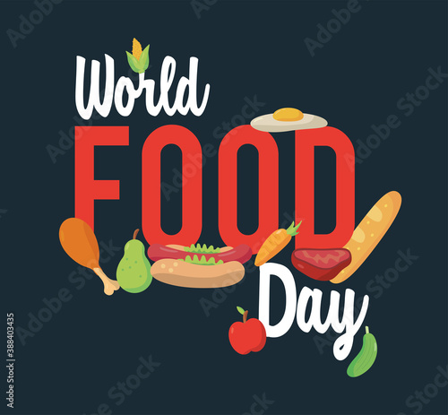 world food day lettering poster with blue background