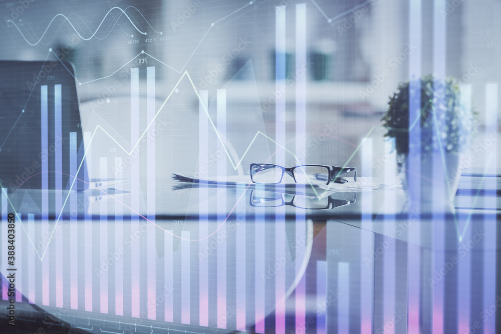 Double exposure of financial graph drawing and office interior background. Concept of stock market. Double exposure of financial graph drawing and office interior background. Concept of stock market.