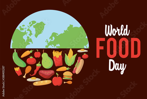 world food day lettering poster with earth planet half and food