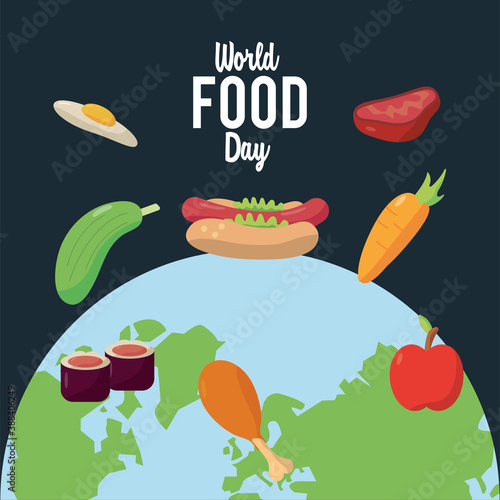 world food day lettering poster with earth planet and nutritive food