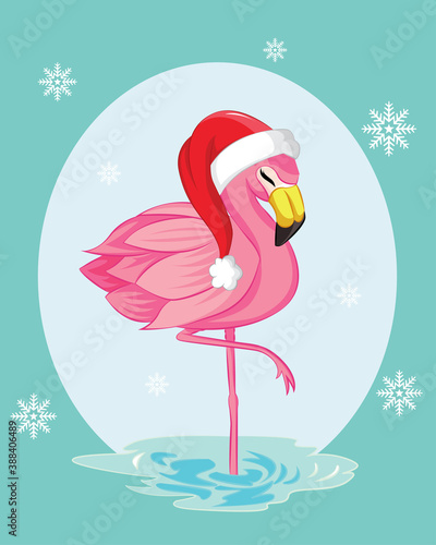 Greeting card with flamingo. Christmas background