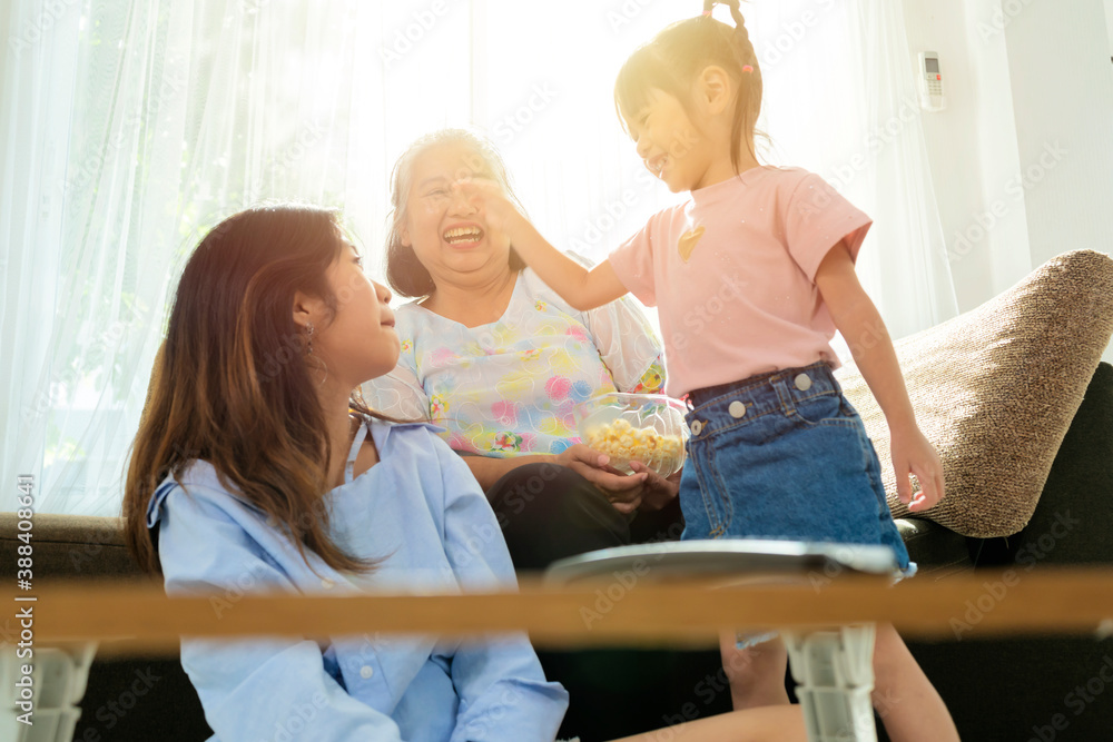 Asian niece and grandma are enjoying in their living rooms in their homes. Asian niece and grandma are enjoying in their living rooms in their homes.