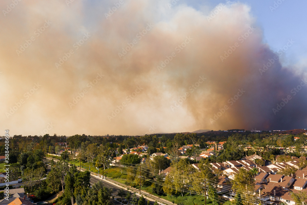 Aerial View of Orange County California Wildfire Smoke Covering Middleclass Neighborhoods During the Silverado Fire_02