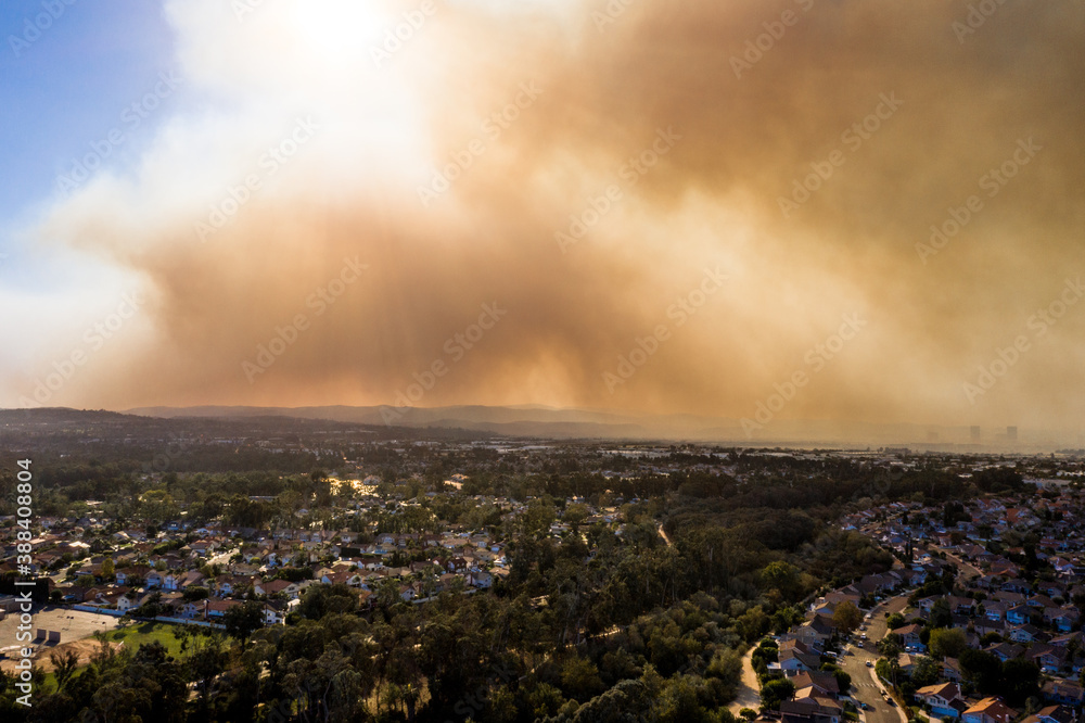 Aerial View of Orange County California Wildfire Smoke Covering Middleclass Neighborhoods During the Silverado Fire_06