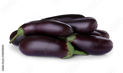 Organic fresh ripe eggplants on white background