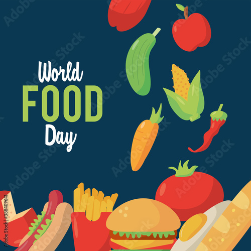 world food day lettering poster with nutritive food