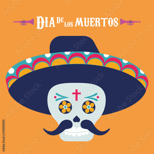 dia de los muertos poster with mariachi skull and lettering