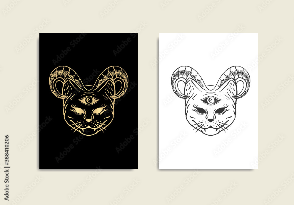 Fototapeta premium Mystical cat with horns, with sketch style or line art. For tarot reader, spiritual guidance, witchcraft, tatoo, t shirt, sticker