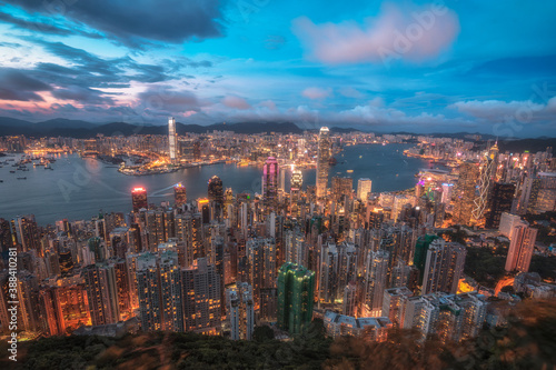 Urban Brilliant and Dense Cityscape in Hong Kong with Skyscrapers during Sunset