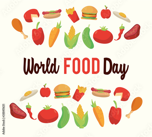world food day lettering poster with nutritive food frame