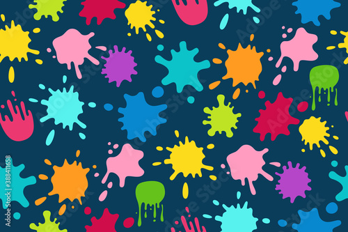 Paint splash colorful seamless pattern. Round ink flat splatter, decorative shapes liquids. Grunge splashes, drops, spatters cartoon background style. Holi spring festival. Vector illustration