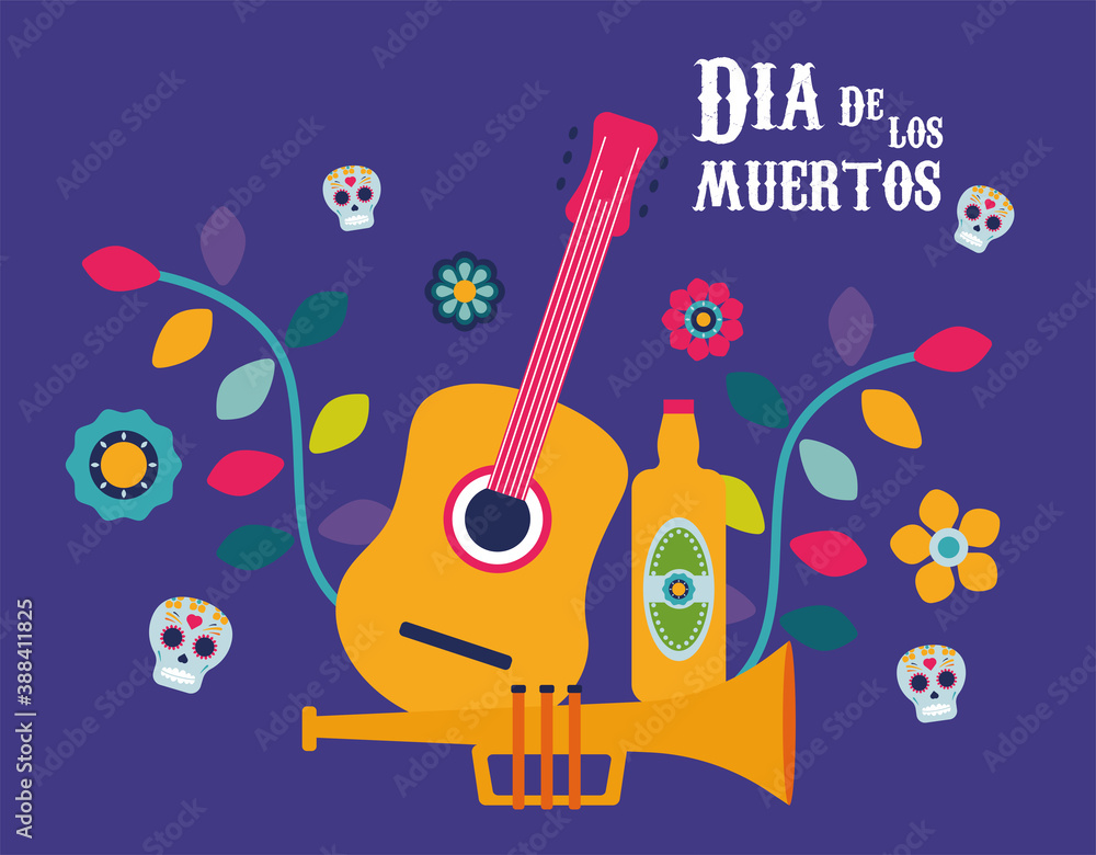 Fototapeta premium dia de los muertos poster with guitar and tequila in flowers