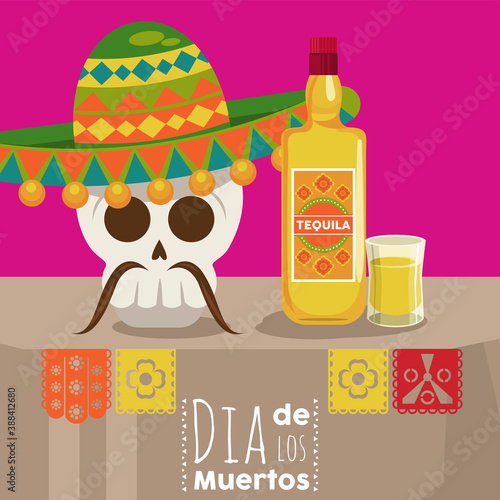 dia de los muertos poster with mariachi skull and tequila bottle