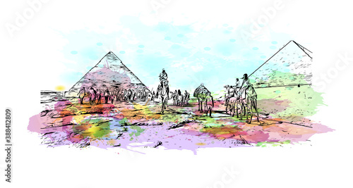 Building view with landmark of Cairo, Egypt’s sprawling capital, is set on the Nile River. Watercolor splash with hand drawn sketch illustration in vector.