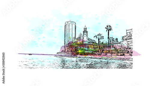 Building view with landmark of Cairo, Egypt’s sprawling capital, is set on the Nile River. Watercolor splash with hand drawn sketch illustration in vector.
