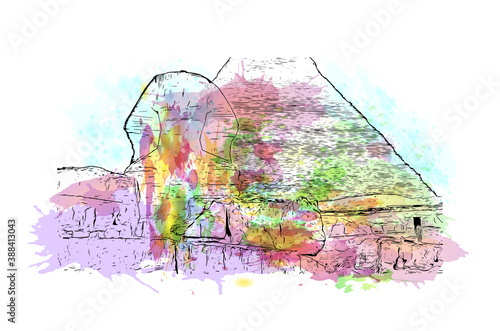 Building view with landmark of Cairo, Egypt’s sprawling capital, is set on the Nile River. Watercolor splash with hand drawn sketch illustration in vector.