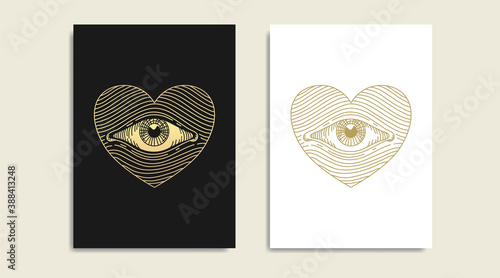 Eye with heart and love illustration, eye and  gold logo, spiritual guidance tarot reader design. engraving, decorative illustration tattoo