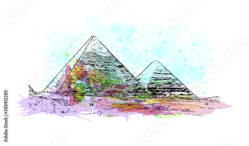 Building view with landmark of Cairo, Egypt’s sprawling capital, is set on the Nile River. Watercolor splash with hand drawn sketch illustration in vector.
