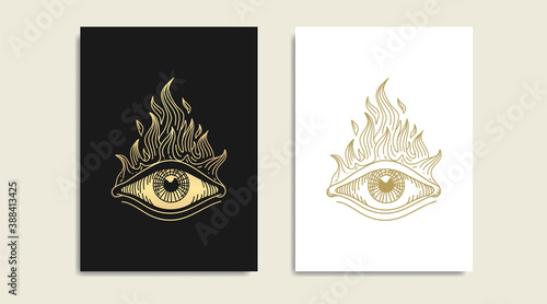 All seeing eye with fire, symbol of the Masons, fire and  gold logo, spiritual guidance tarot reader design. engraving, decorative illustration tattoo
