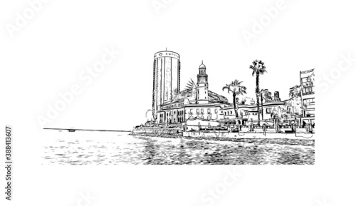 Building view with landmark of Cairo, Egypt’s sprawling capital, is set on the Nile River. Hand drawn sketch illustration in vector.