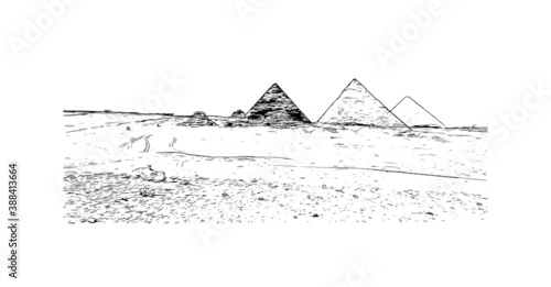 Building view with landmark of Cairo, Egypt’s sprawling capital, is set on the Nile River. Hand drawn sketch illustration in vector.