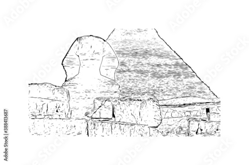 Building view with landmark of Cairo, Egypt’s sprawling capital, is set on the Nile River. Hand drawn sketch illustration in vector.