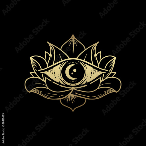 All seeing eye symbol with golden moon and lotus ornament. Vision of Providence. Luxurious, alchemy, religion, spirituality, occultism, tattoo art, tarot, yoga. Isolated vector illustration