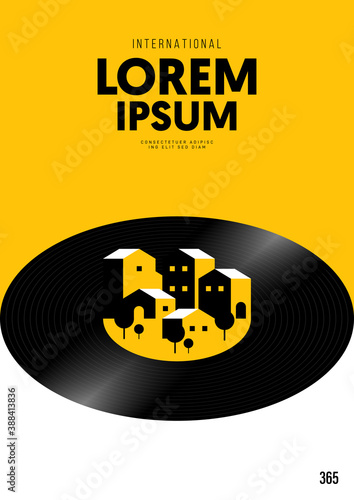 Music poster design template background with vintage vinyl record and cityscape