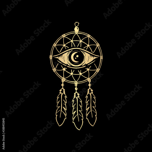 One eye with golden dream catcher. All seeing eye symbol Vision of Providence. Luxurious, alchemy, religion, spirituality, occultism, tattoo art, tarot reader. Isolated vector illustration