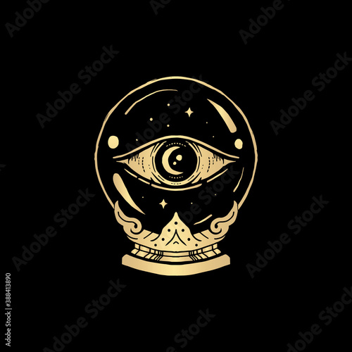 One eye inside a golden crystal ball. All seeing eye symbol vision of Providence. Luxurious, alchemy, religion, spirituality, occultism, tattoo art, tarot reader. Isolated vector illustration