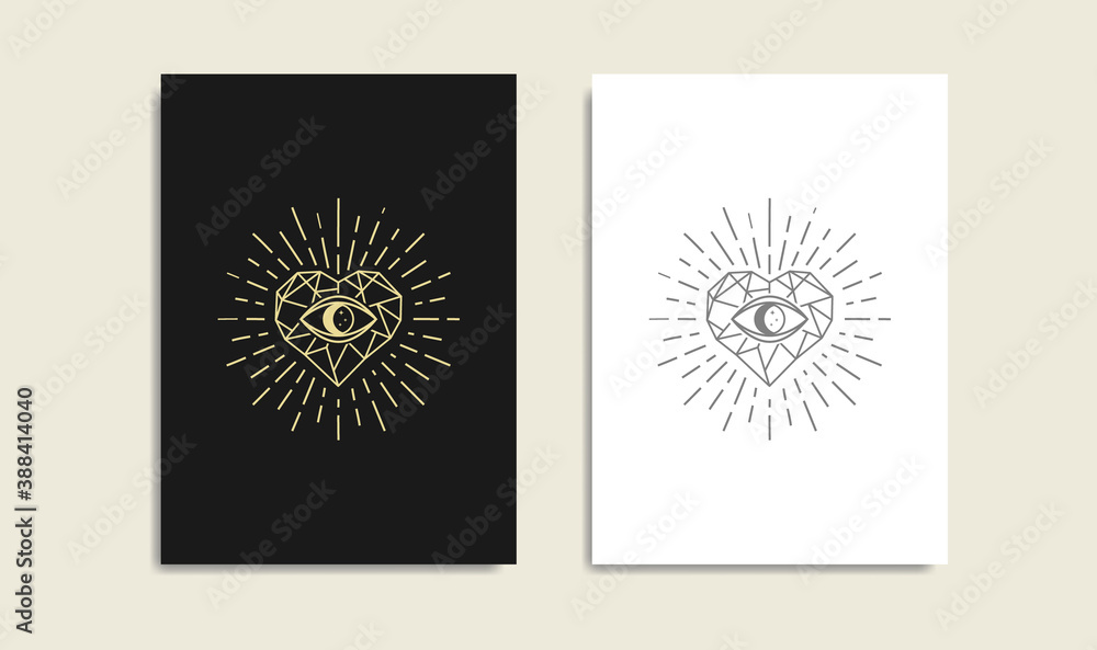 Fototapeta premium Eye of the stone heart, Magic heart and eye gold logo, spiritual guidance tarot reader design. decorative illustration tattoo
