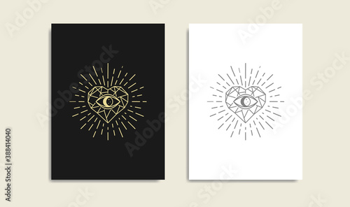 Eye of the stone heart, Magic heart and eye gold logo, spiritual guidance tarot reader design. decorative illustration tattoo