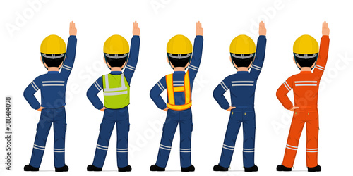 Tableau sur toile Set of industrial worker raising 3 fingers salute on white background