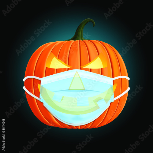 Spooky carved halloween pumpkin lantern wearing a surgical face mask to prevent coronavirus transmission