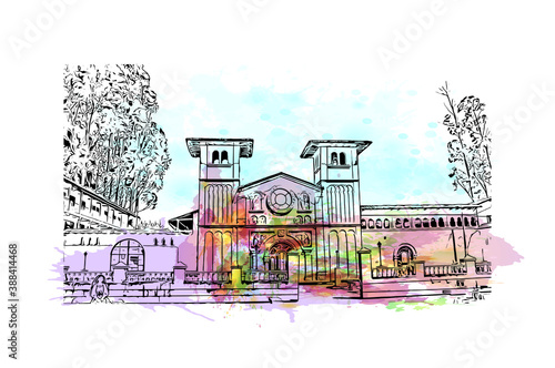 Building view with landmark of Cajamarca is a city in Peru's northern highlands, in the Andes Mountains. Watercolor splash with hand drawn sketch illustration in vector.