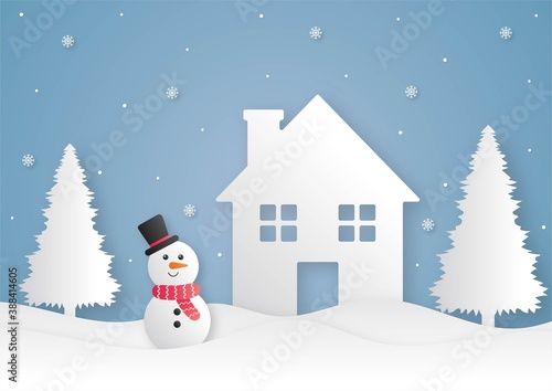 Merry christmas and happy new year paper cut card with snowman on blue background. vector illustration.