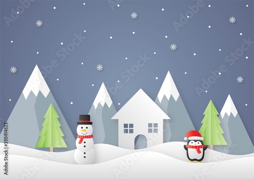 Merry christmas and happy new year paper cut card with snowman and penguins on blue background. vector illustration.