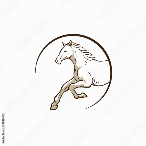 Brown Horse - Beautiful hand drawn half running horse through circle logo design template