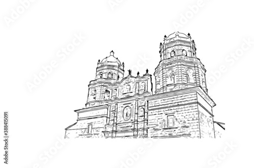 Building view with landmark of Cajamarca is a city in Peru's northern highlands, in the Andes Mountains. Hand drawn sketch illustration in vector.