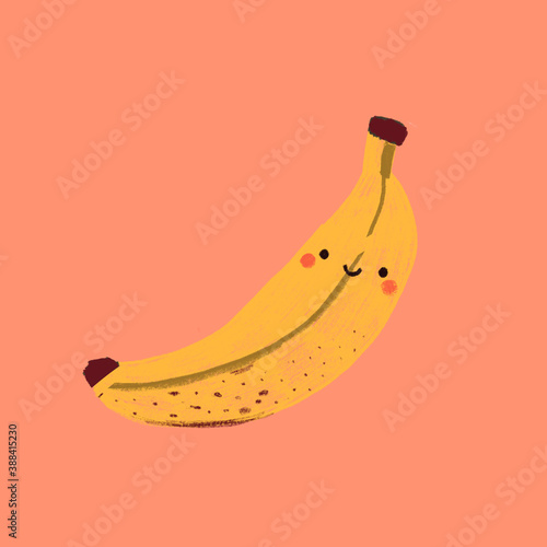 Cute flat single fruit. Cartoon smiley banana. Healthy food. Hand drawn illustration on white background