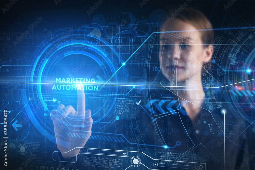 Business, technology, internet and network concept. Young businessman thinks over the steps for successful growth: Marketing automation Business, technology, internet and network concept. Young businessman thinks over the steps for successful growth: Marketing automation
