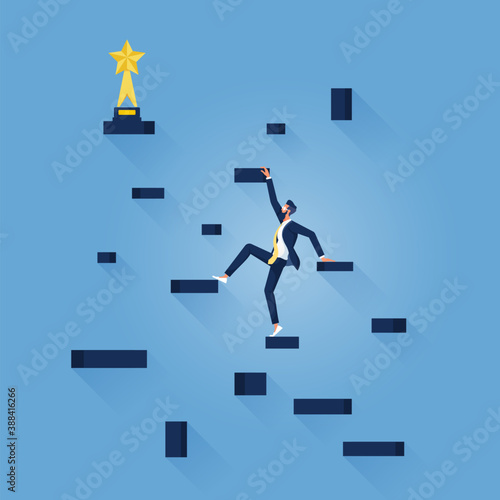 Business success Concept-Businessman climbing the steps of success, Businessman climbing up Steps to take the trophy, Business progress and success concept