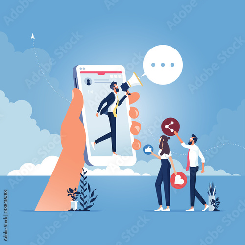 Digital marketing and social media marketing concept, Businessman stand on smartphone with a megaphone shouts recommend to a friend, sharing information, online advertising