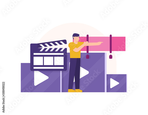 Video or film editor concept. illustration of a man editing or cutting a snippet or frame. flat style design elements